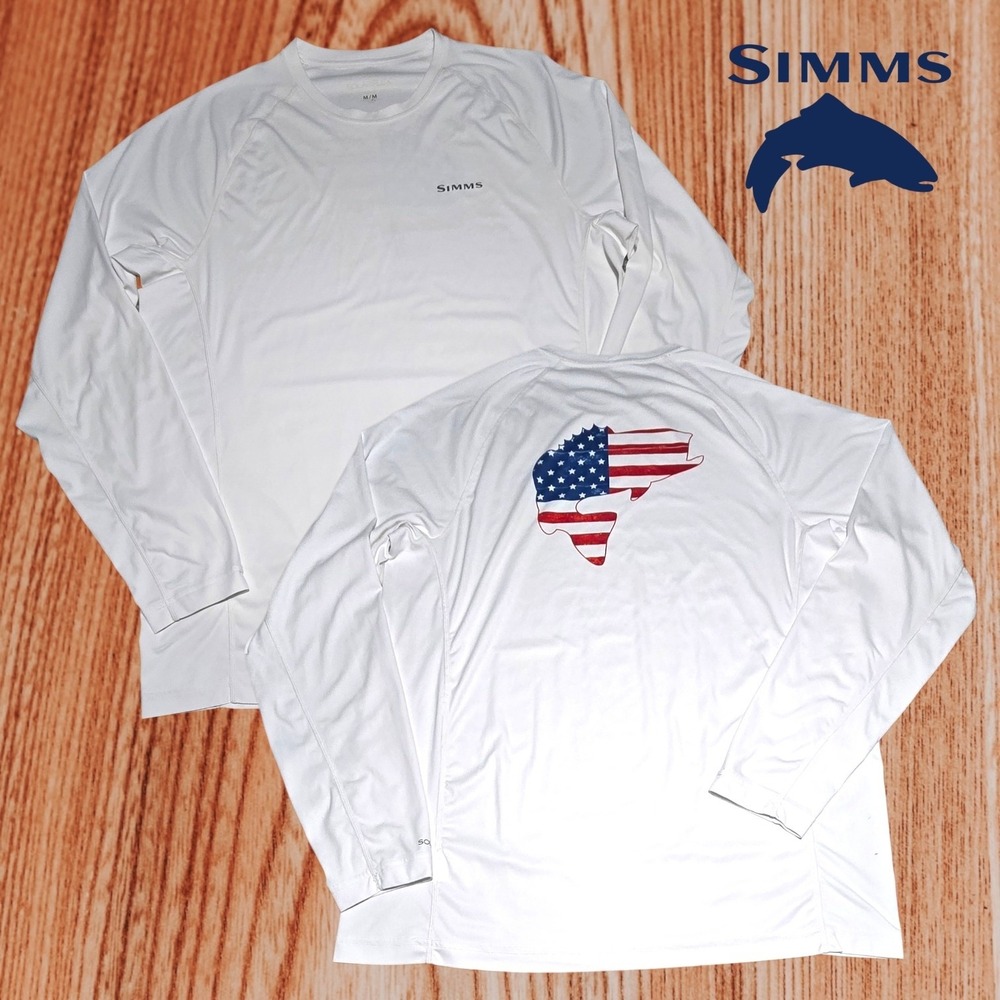 Simms Mens Solarflex UPF 50 Fishing Shirt White Patriotic Logo Medium